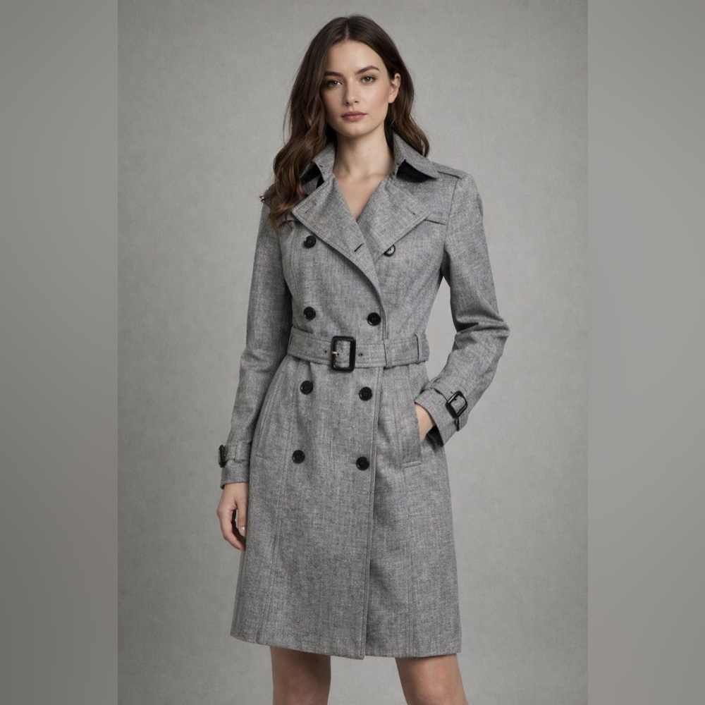London Fog Gray Belted Trench Coat Double Breasted Classic Chic NWT XS